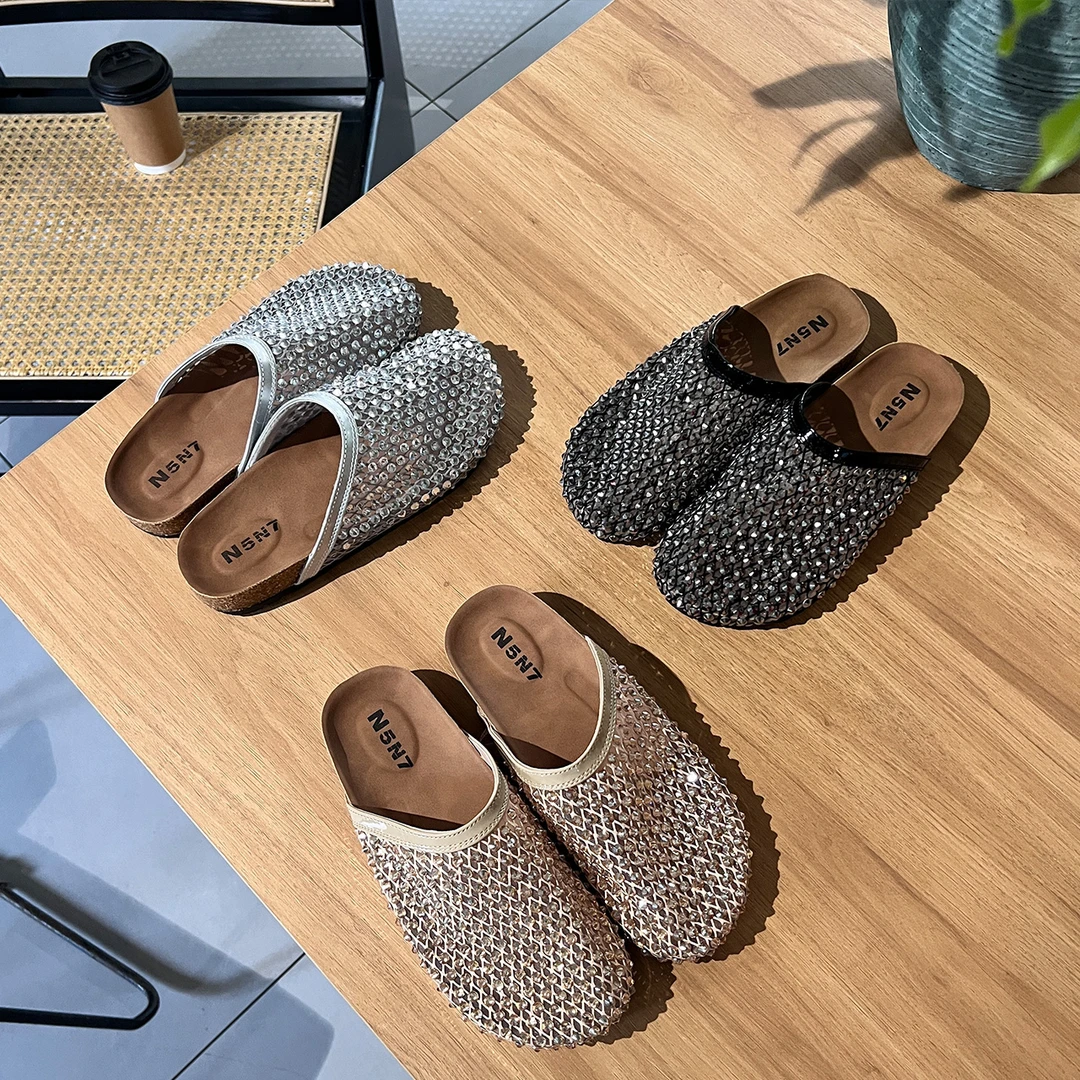 厚底勃肯鞋包头半拖鞋女夏外穿2025新款一脚蹬渔网水钻仙女风凉拖