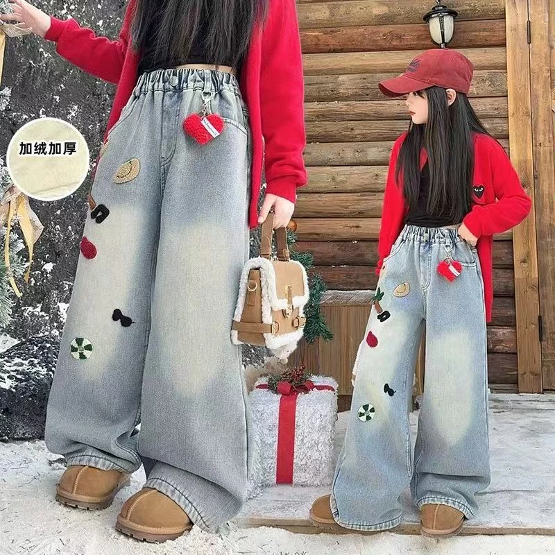 刺绣加绒加厚直筒裤阔腿裤牛仔裤