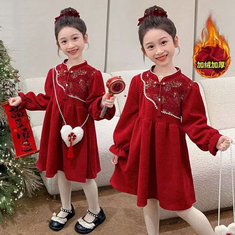 新年装冬季新款女童洋气儿童拜年服连衣裙