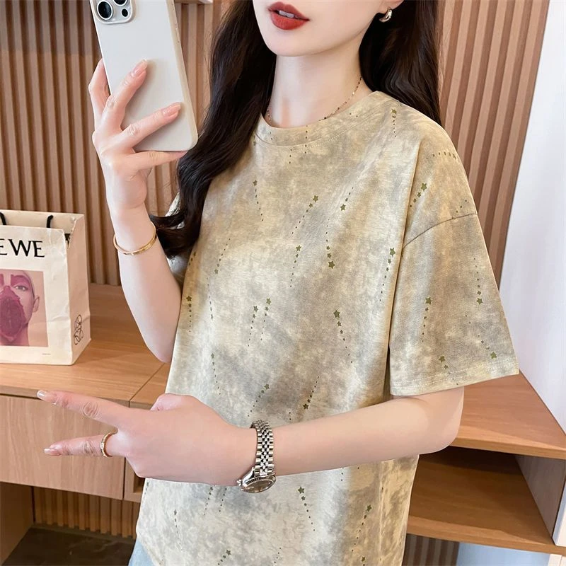 小众设计感圆领扎染短袖t恤女夏季新款韩版宽松简约百搭显瘦上衣