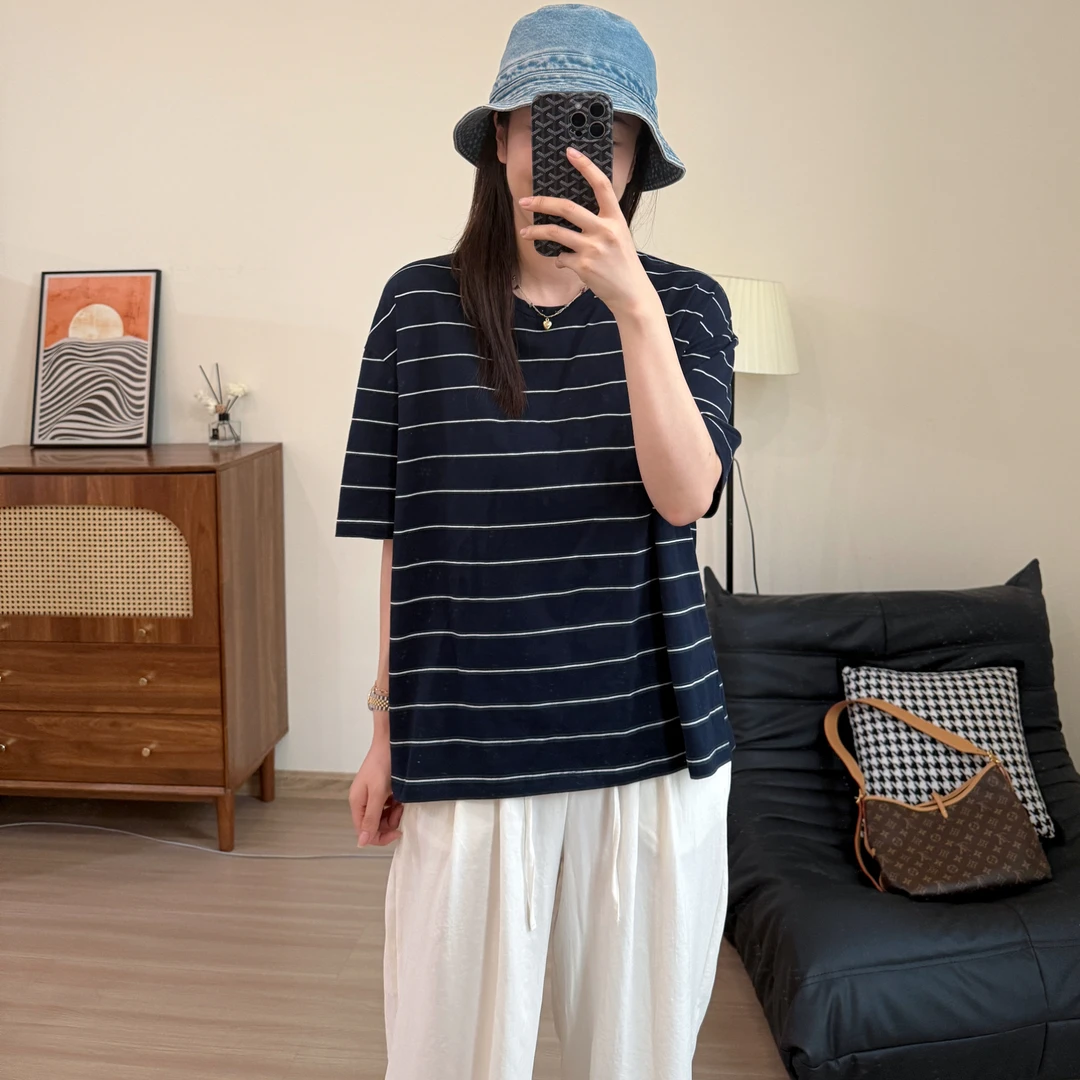 美亚恩NANA【条纹T】夏季圆领条纹短袖T恤 下摆开叉显瘦C0395