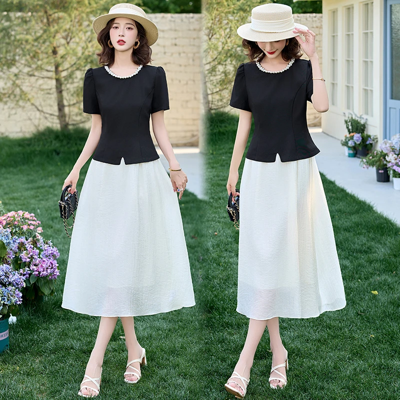长裙夏季拼接A字裙短袖连衣裙洋气韩版时髦小姨风时尚长裙显瘦