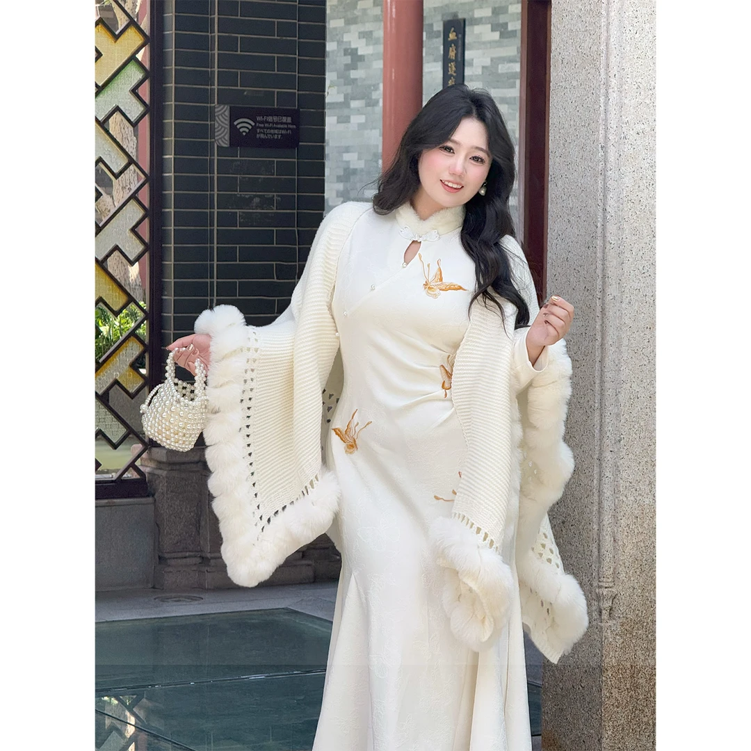 大码连衣裙胖mm秋冬新款高级感新中式国风提花裙内搭打底鱼尾旗袍