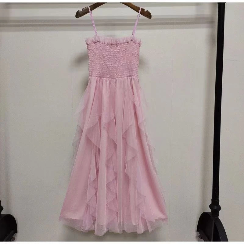 高档轻奢中长款超仙吊带网纱连衣裙2024夏季新款修身显瘦性感裙子