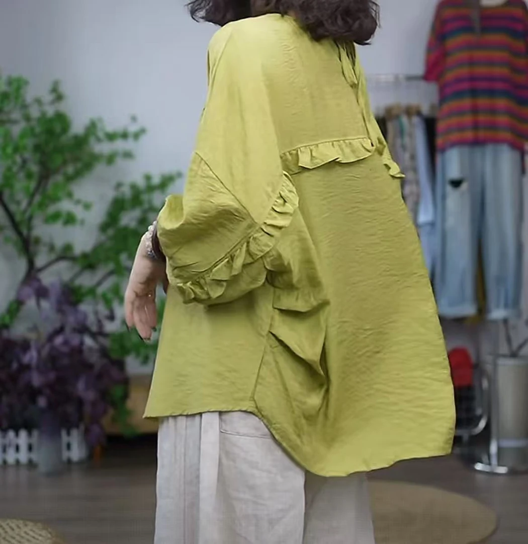 【若汐女装】欧版宽松休闲百搭设计款后背木耳边天丝麻夏季上衣2308