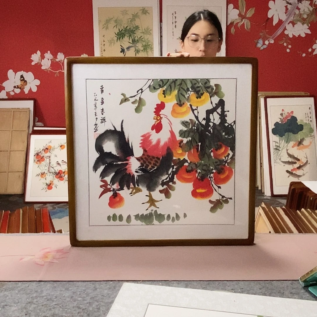 国画手写手绘国画作品带框包邮62✖️62
