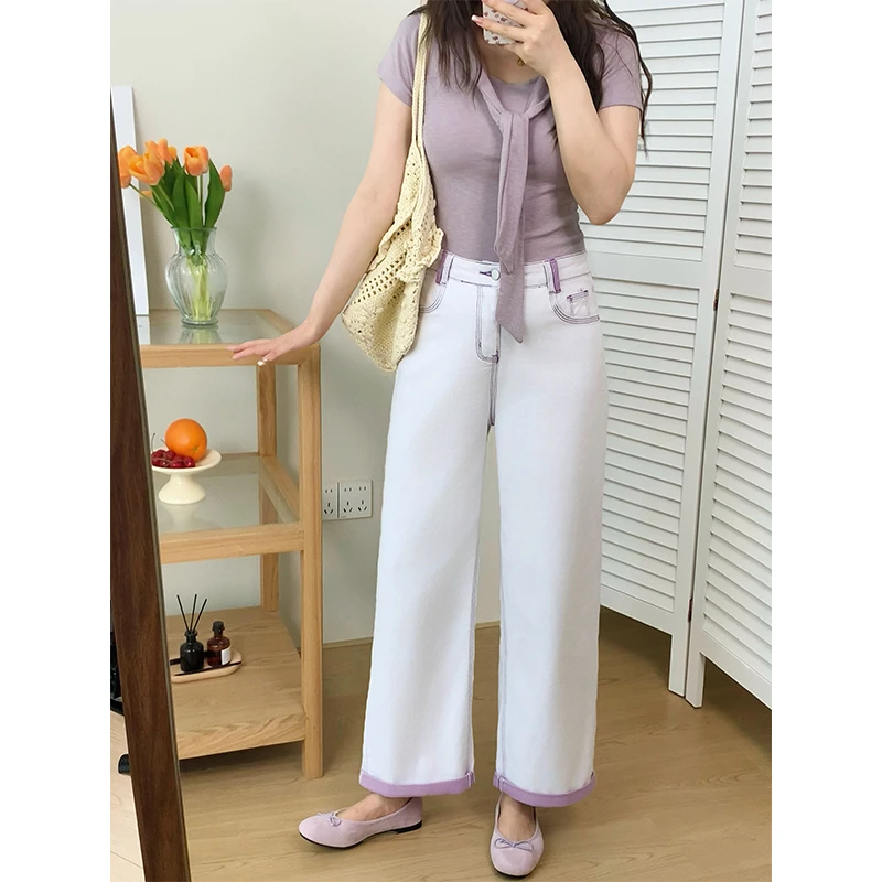 撞色卷边高腰九分直筒牛仔裤女夏薄款大码梨型身材显瘦法棍烟管裤