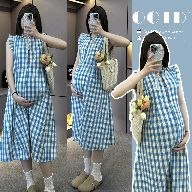 清！孕妇夏季格子洋气中长款连衣裙百搭显瘦气质时尚复古减龄