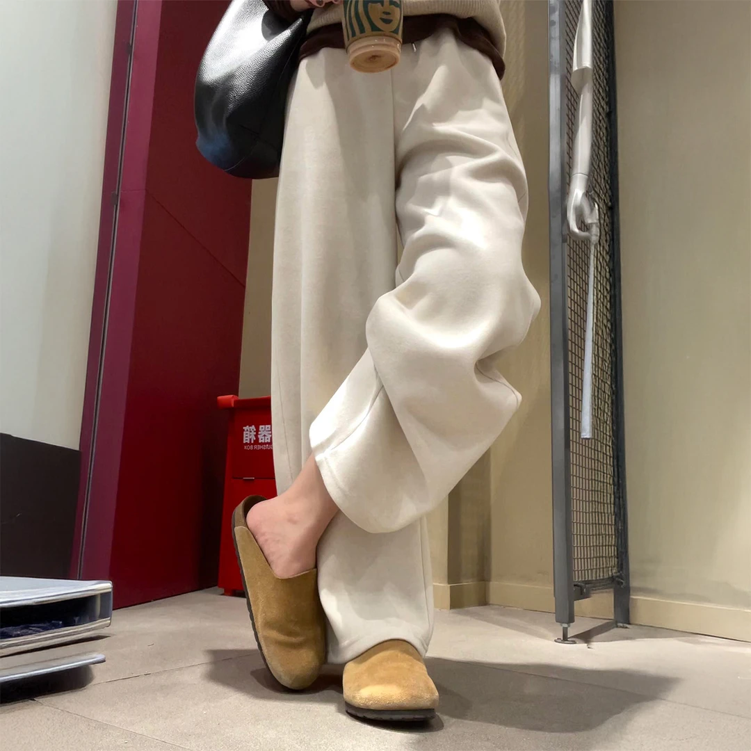 米杏色毛呢休闲阔腿裤女秋冬加绒大码胖mm高腰宽松显瘦运动卫裤子