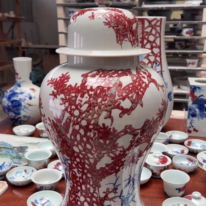 陶摆件原矿青花釉里红瓷器