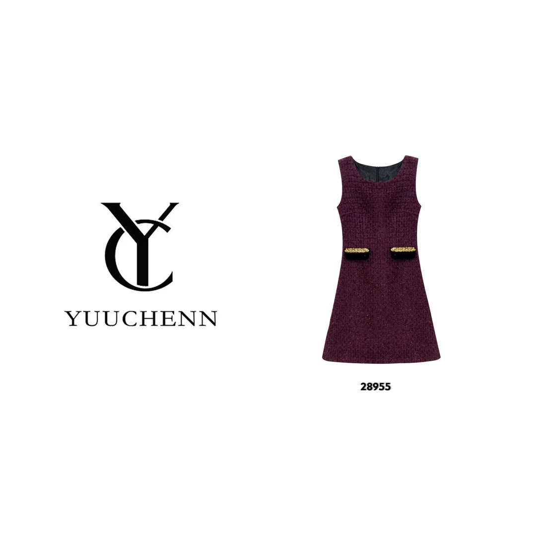 YUUCHENN  时尚气质小香风连衣裙显白显瘦中长款裙子