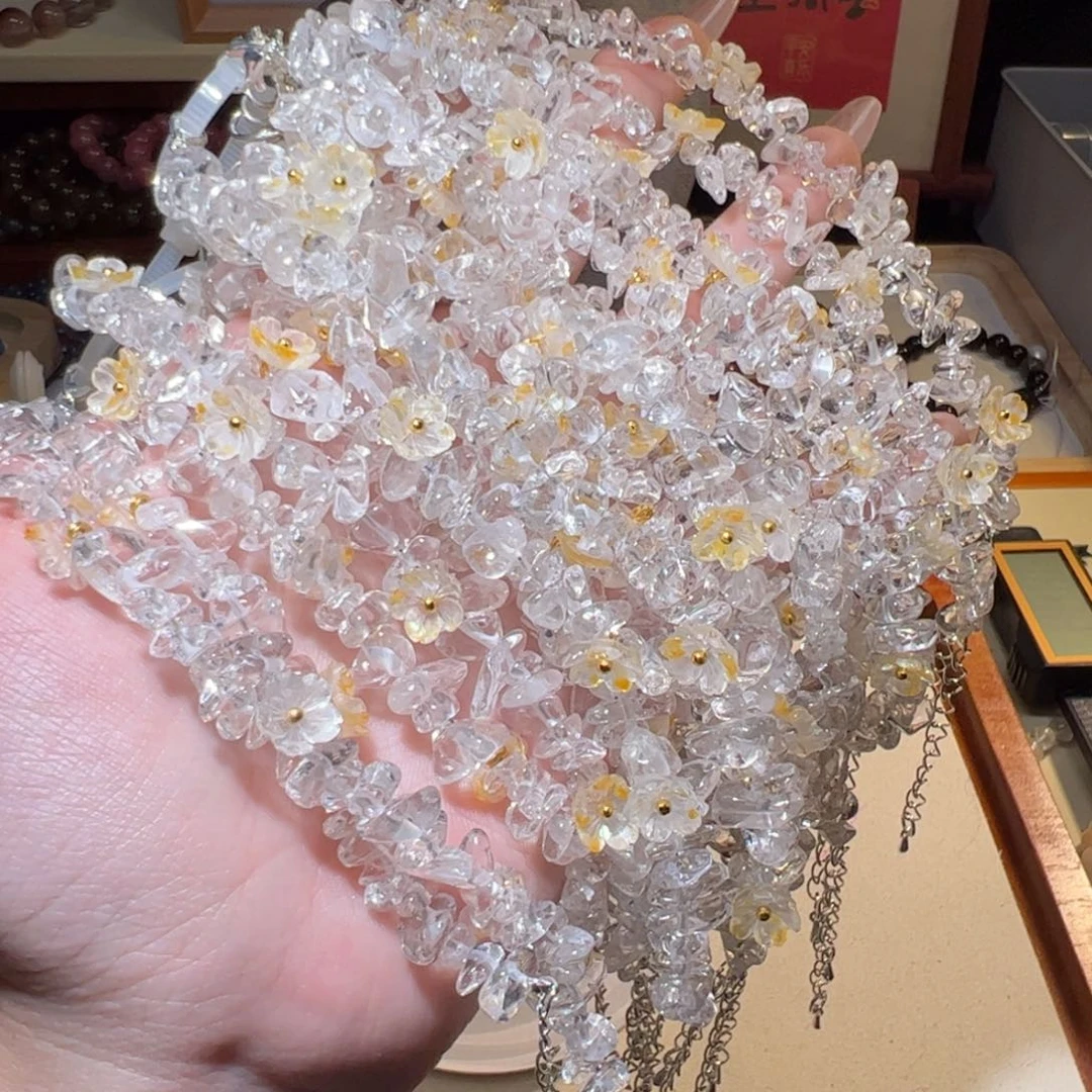 水晶手链合金白水晶碎石黄色花花款D047