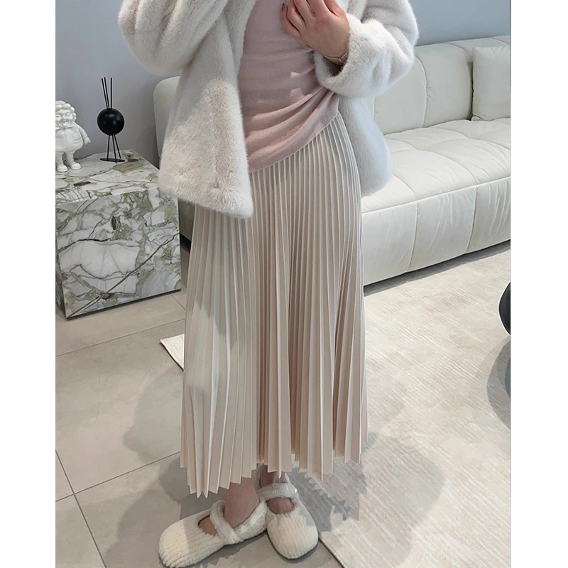 半身裙女款爆款2025新款绒面a字裙百褶高腰显瘦半身裙女中长款秋
