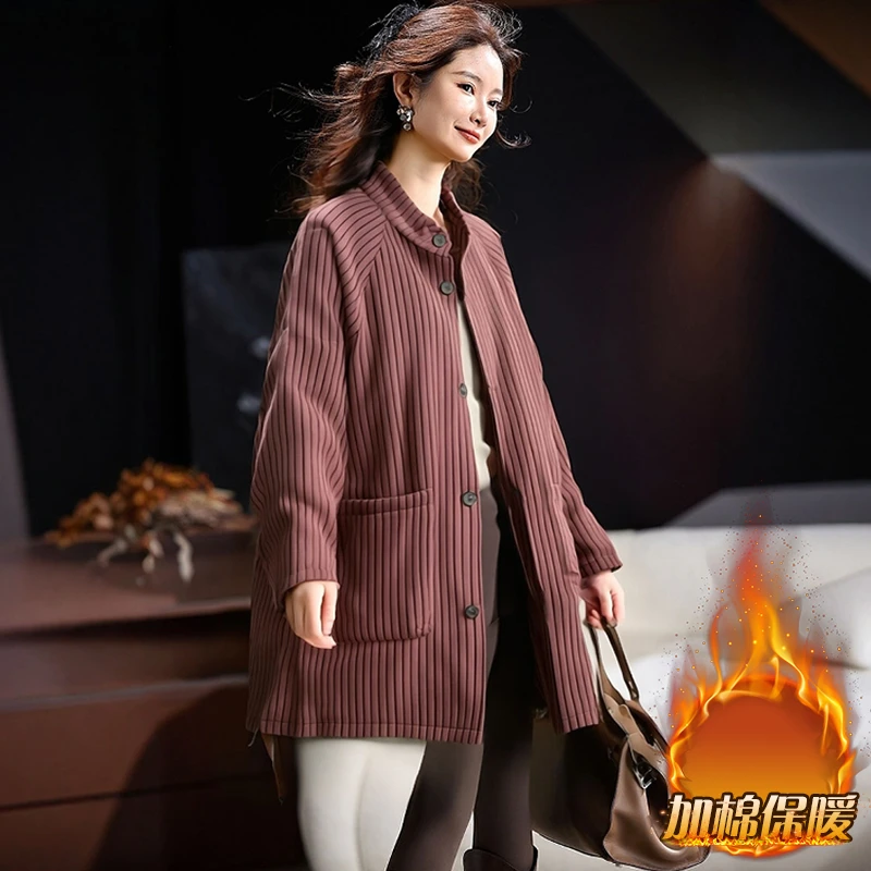 红色宽松加厚中长款竖条纹棉衣棉服女2025新款秋冬夹棉风衣外套