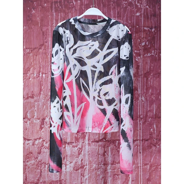 【韩哥女装】夏季小众设计师黑灰扎染印花网纱长袖爽肤衣8630