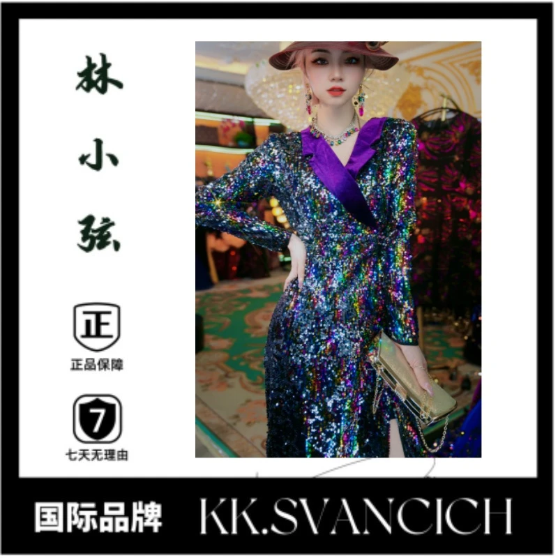 697新款彩色西装领手工礼服设计师显瘦优雅连衣裙大摆裙