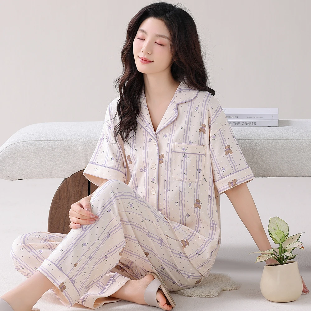 100%纯棉夏季女士家居套装休闲睡衣加大码短袖长裤可外穿高级感