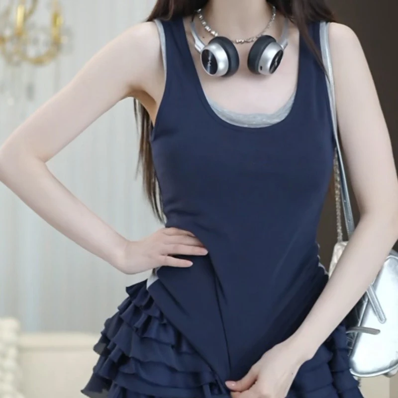 撞色假两件针织小吊带背心女2025夏外穿内搭工字坎肩美背无袖上衣