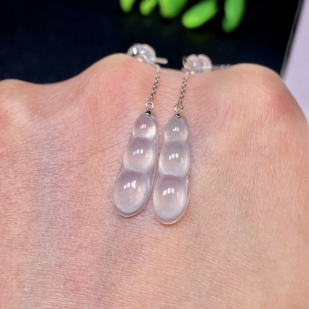 天然翡翠A货 翡翠高冰透福豆耳饰 耳环 耳坠 18K金镶嵌