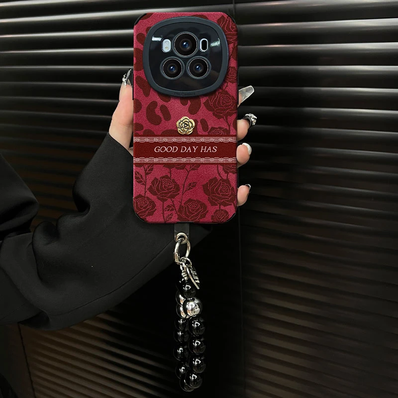 适用【荣耀magic6】豹纹玫瑰ins风秋冬酒红翻毛皮网红创意手机壳女