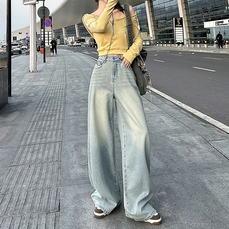 浅蓝色复古感阔腿牛仔裤女2025年春季新款做旧水洗宽松舒适拖地裤