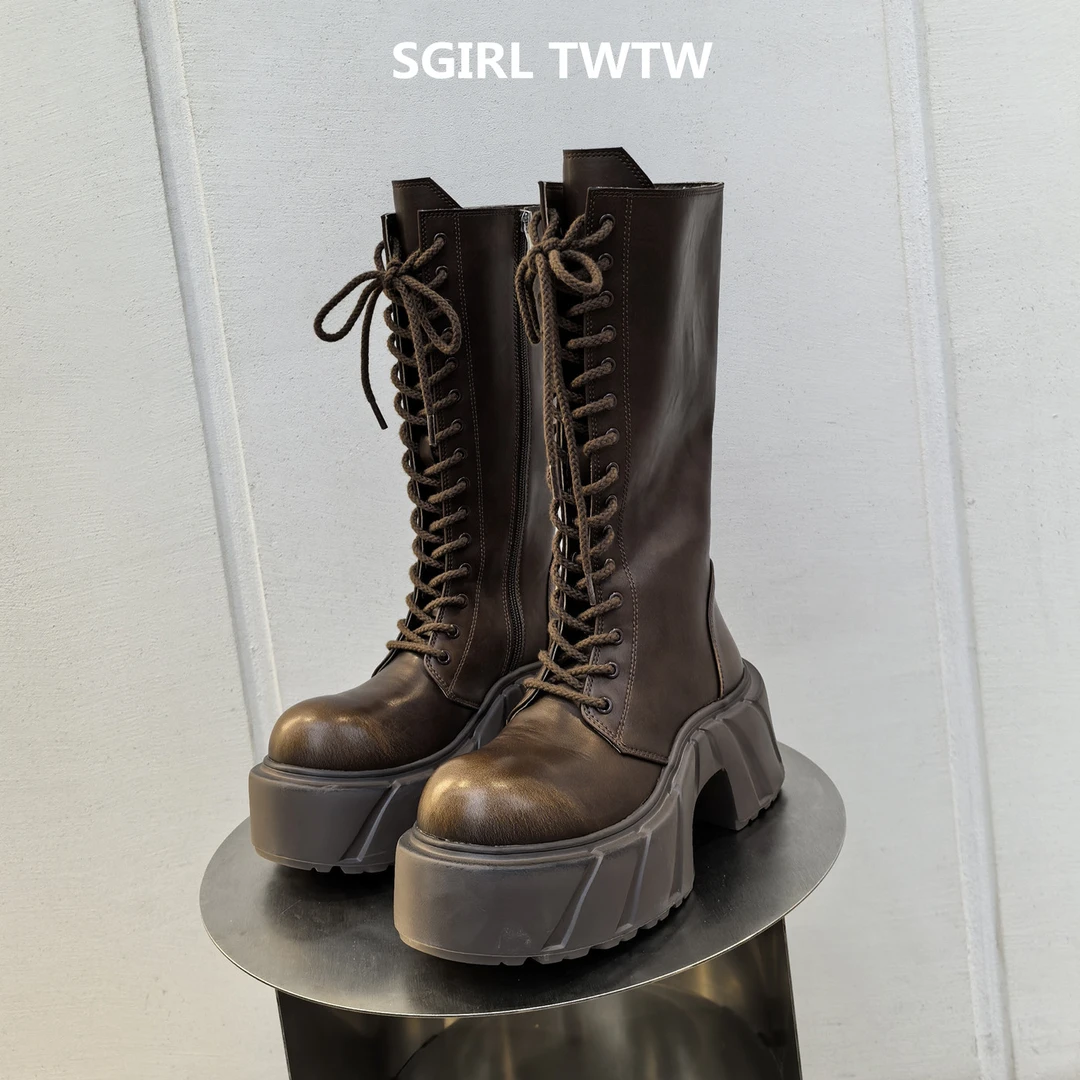 SGIRL TWTW2025年秋新款超酷帅气擦色大头厚底绑带马丁靴高筒靴女