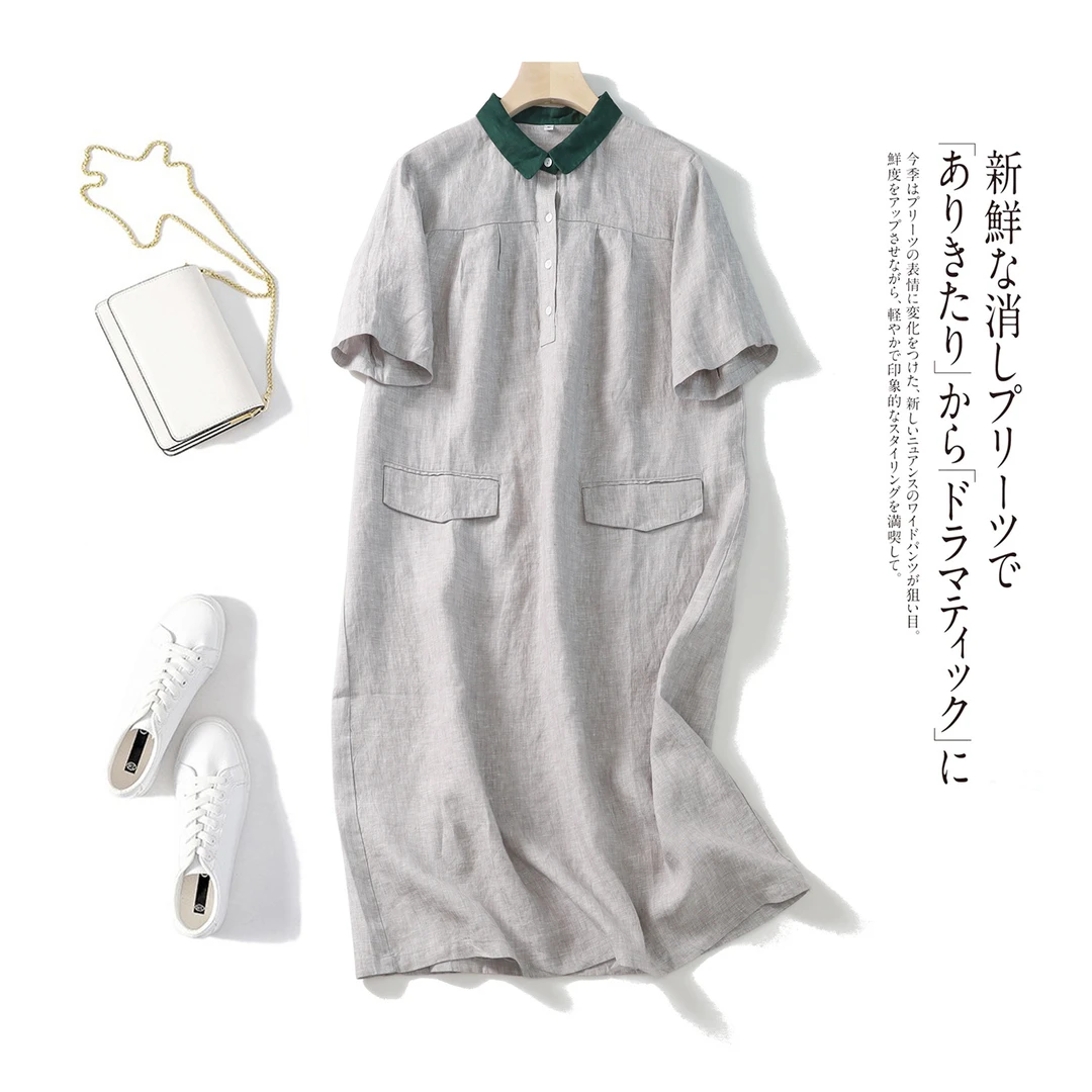 外贸出口日单IOO%亚麻气质撞色娃娃领文艺百搭短袖衬衫中长连衣裙