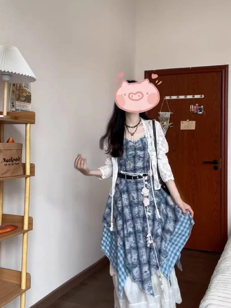 格子常规袖通勤夏季连衣裙气质蕾丝蓝色韩版吊带裙夏款复古时尚