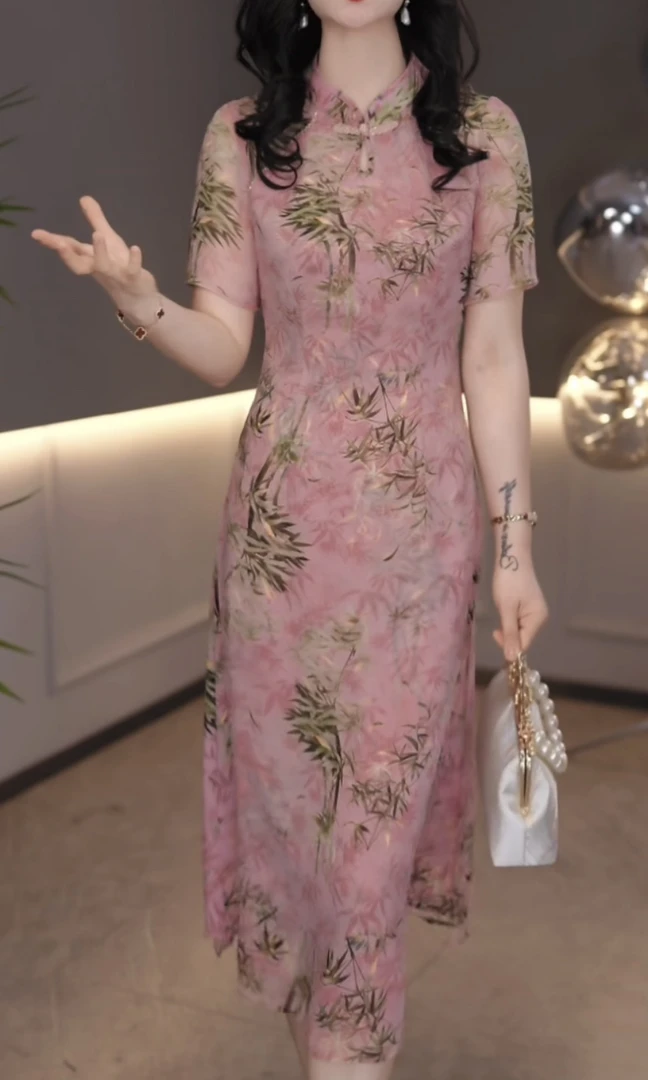【连衣裙】2025夏季新款中国风日常减龄旗袍裙粉色印花修身连衣裙