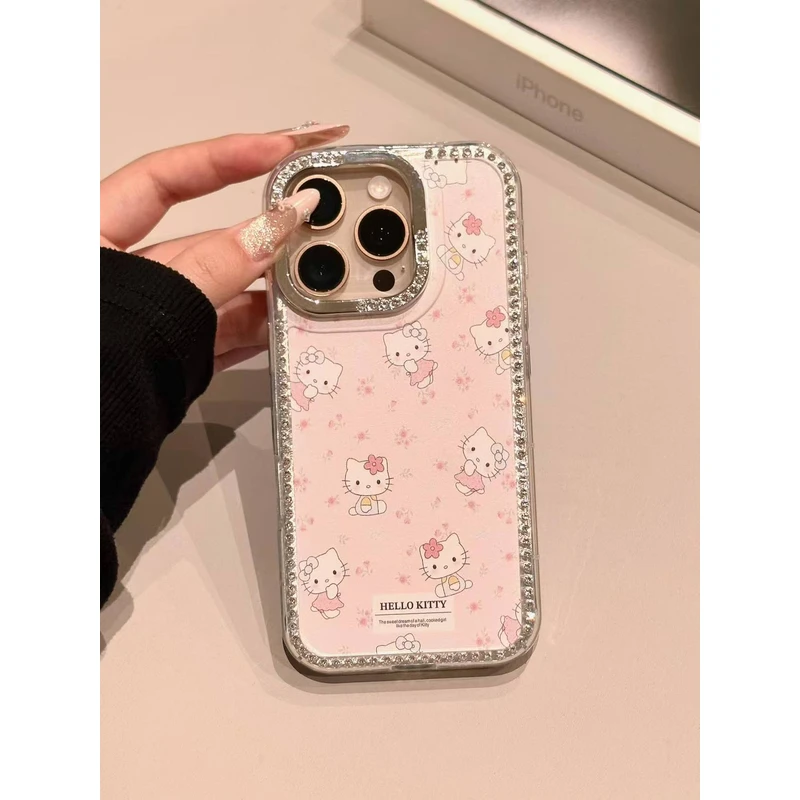 个性粉嫩嫩KT猫满屏小花花适用苹果15/16/14promax点钻边框手机壳