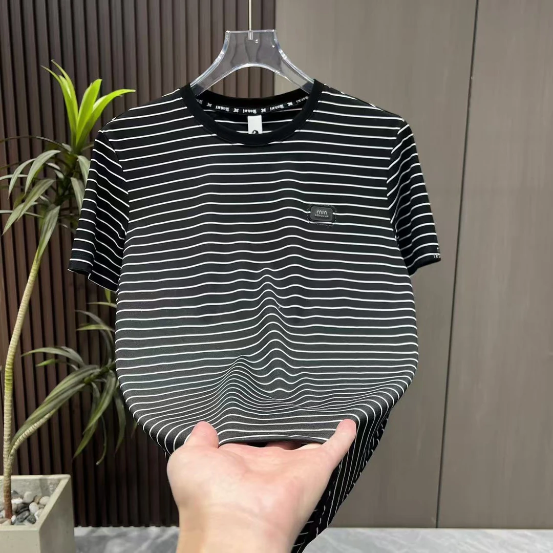 简约百搭轻奢圆领男士条纹体恤衫8896时尚休闲夏季潮流t恤黑白