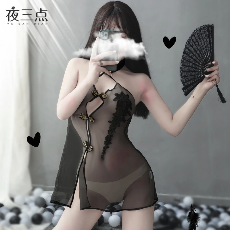 睡裙女性感修身新中式短款透感复古显瘦夏季纯欲风开叉古风盘扣