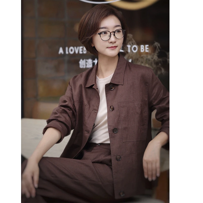 WHITE COLLAR/ 白领 巧克力粽亚麻方领系带长袖上衣YAMA05A602
