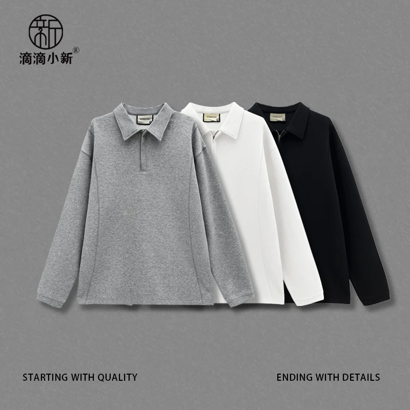 滴滴小新-拉链polo衫春季翻领长袖立体裁剪纯色日系休闲上衣Z2053