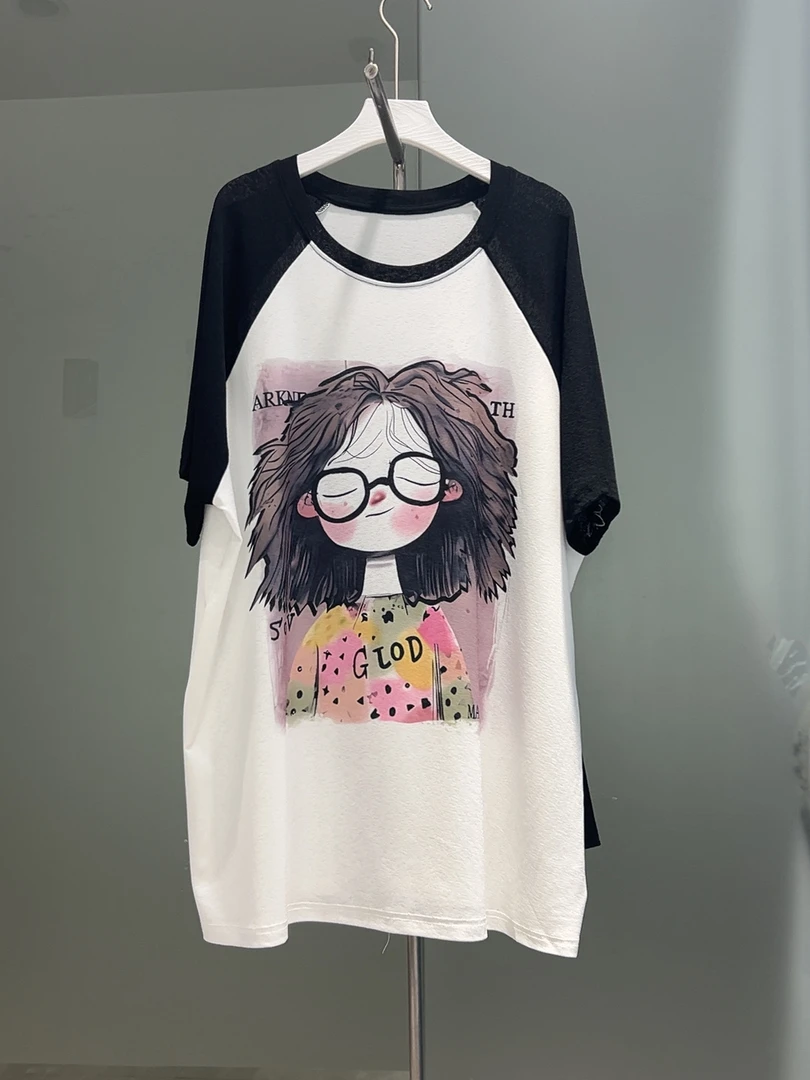短袖t恤女夏2025新韩版宽松显瘦大版型插肩袖印花防晒T恤上衣女潮