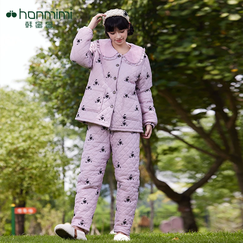 【韩蜜蜜】羽绒棉服睡衣女款三层加厚抗静电碎花家居服套装 H702783