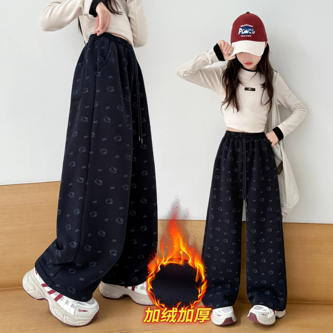 女童秋冬加绒裤子2025新款中大童装女孩休闲冬季百搭一体绒阔腿裤