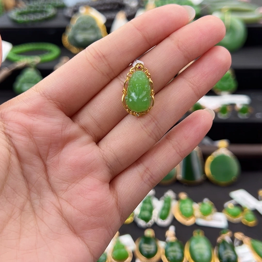 和田玉（碧玉）18K金镶嵌吊坠(不含链)苹果绿貔貅15mm