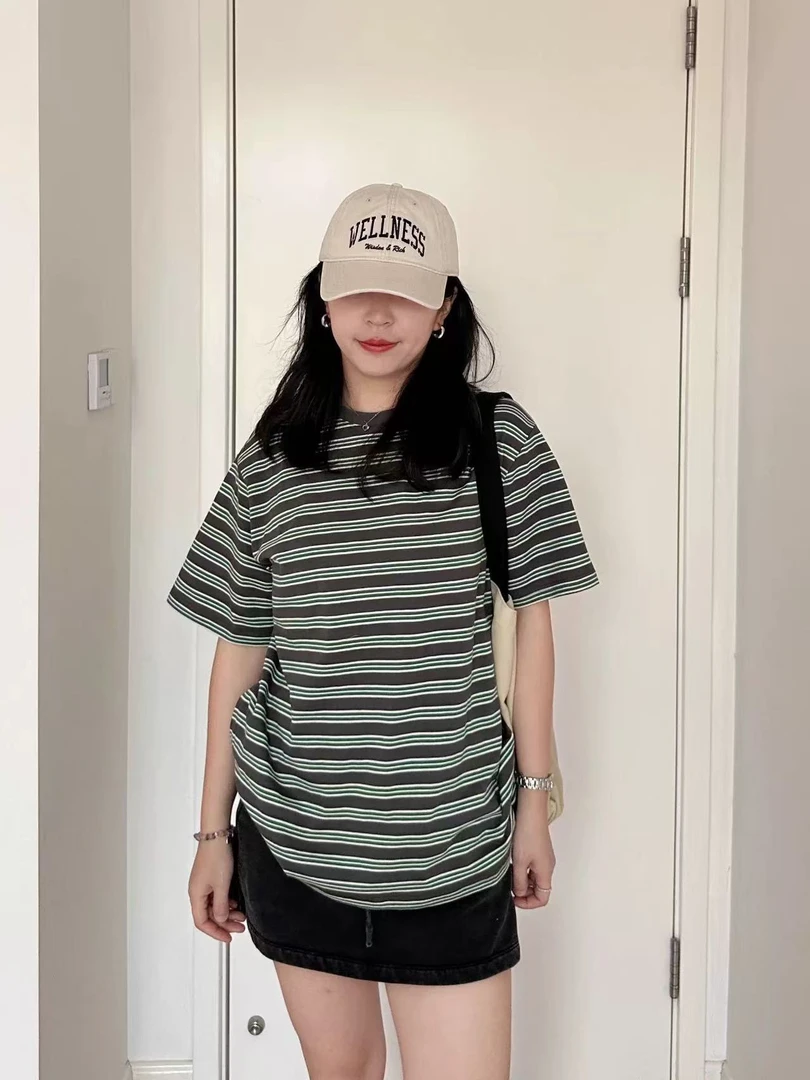 全棉细条纹圆领短袖T恤衫女 宽松显瘦绿色miu系复古正肩条纹T