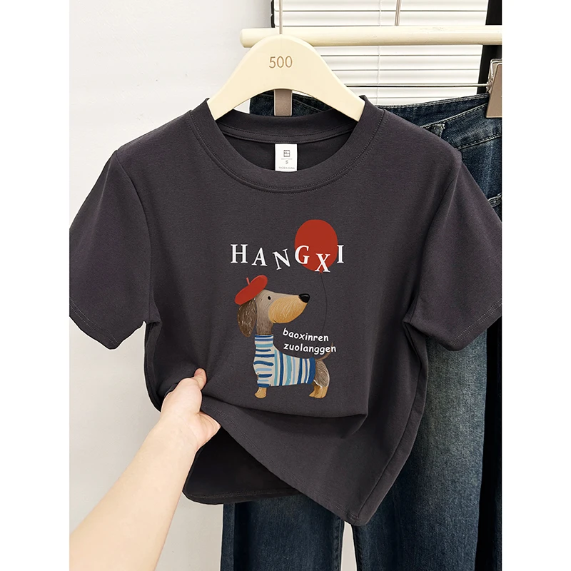正肩短袖T恤女2025夏季新款时尚洋气小狗印花圆领大码半袖上衣潮