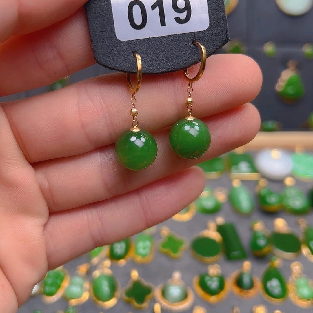 和田玉（碧玉）18K金镶嵌耳饰019