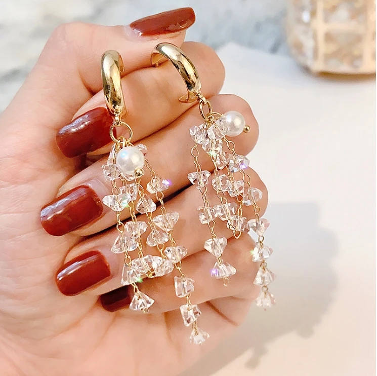 925银仿水晶耳饰 时尚满钻超闪流苏耳环轻奢高级珍珠耳钉百搭耳饰