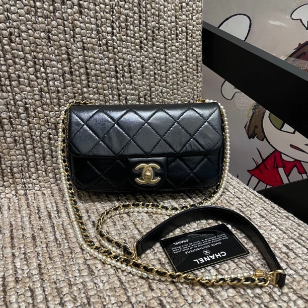 未使用 Chanel/香奈儿 cf黑金牛皮珍珠链大mini 链条美 全套包装