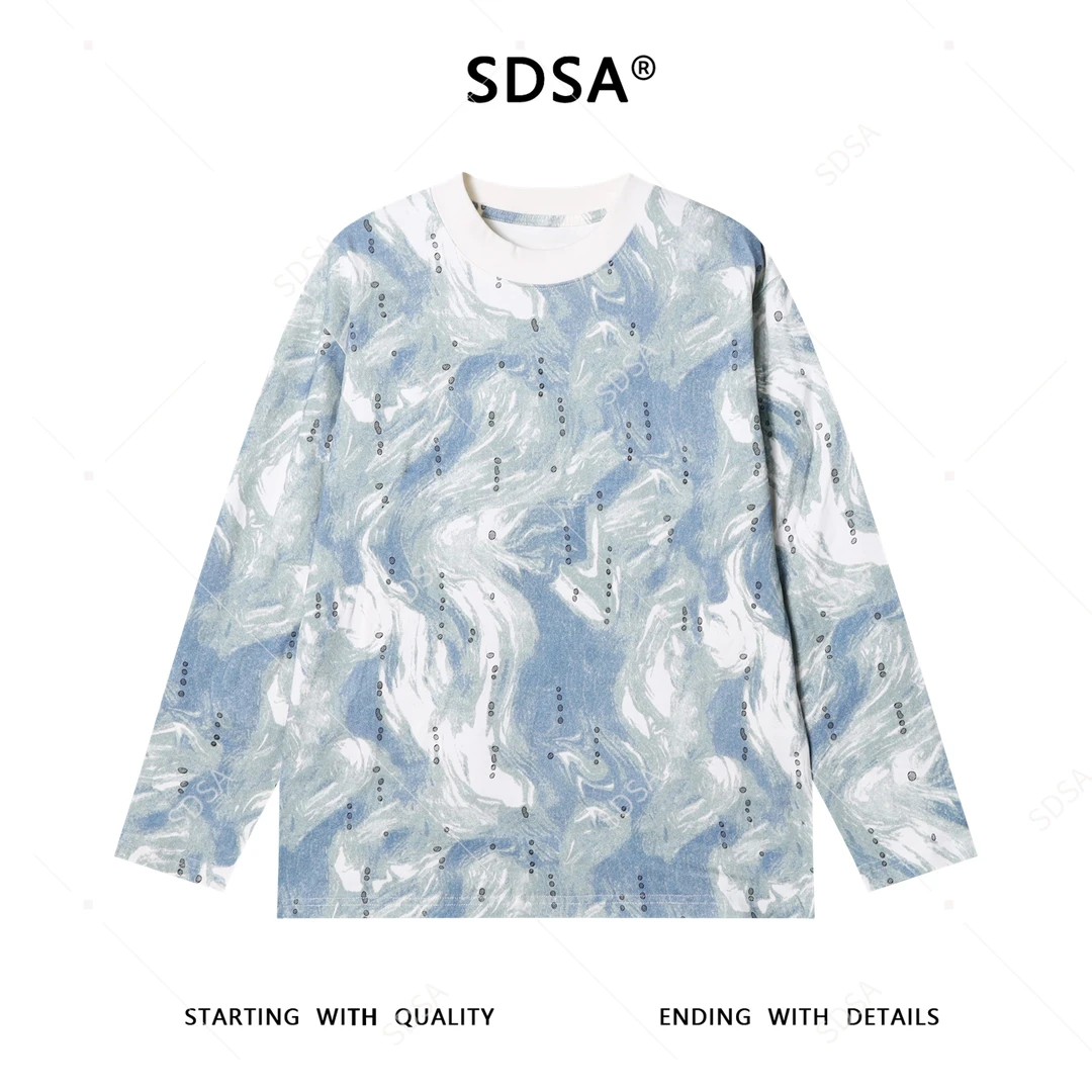 秋季高级感新款男士韩版撞色水波纹设计长袖T恤宽松时尚圆领上衣