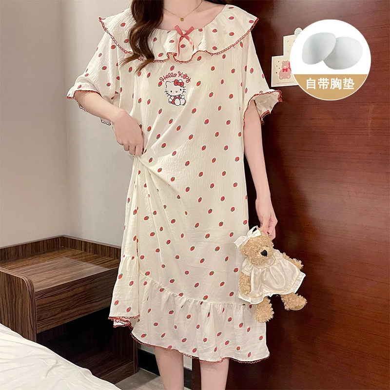 带胸垫夏季可爱KT猫短袖睡裙女2025新款甜美休闲公主风睡衣家居服
