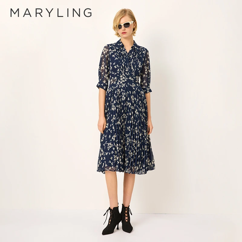 MARYLING玛俪琳2025春季新品衬衣V领印花压褶连衣裙A1FBW62410