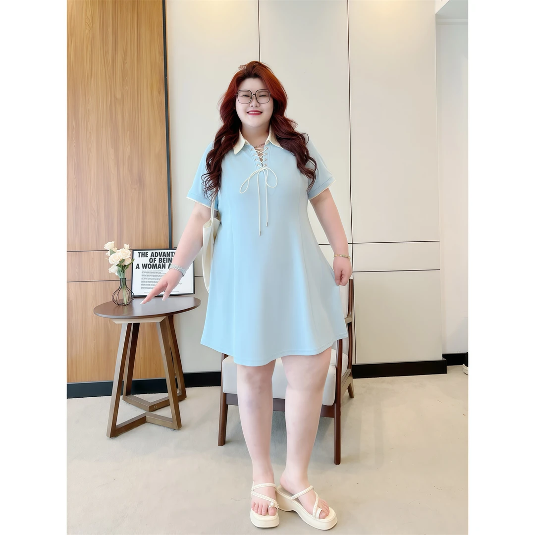 断码捡漏~蜜桃风语 / 韩系系带款POLO领连衣裙15167花契大码胖mm