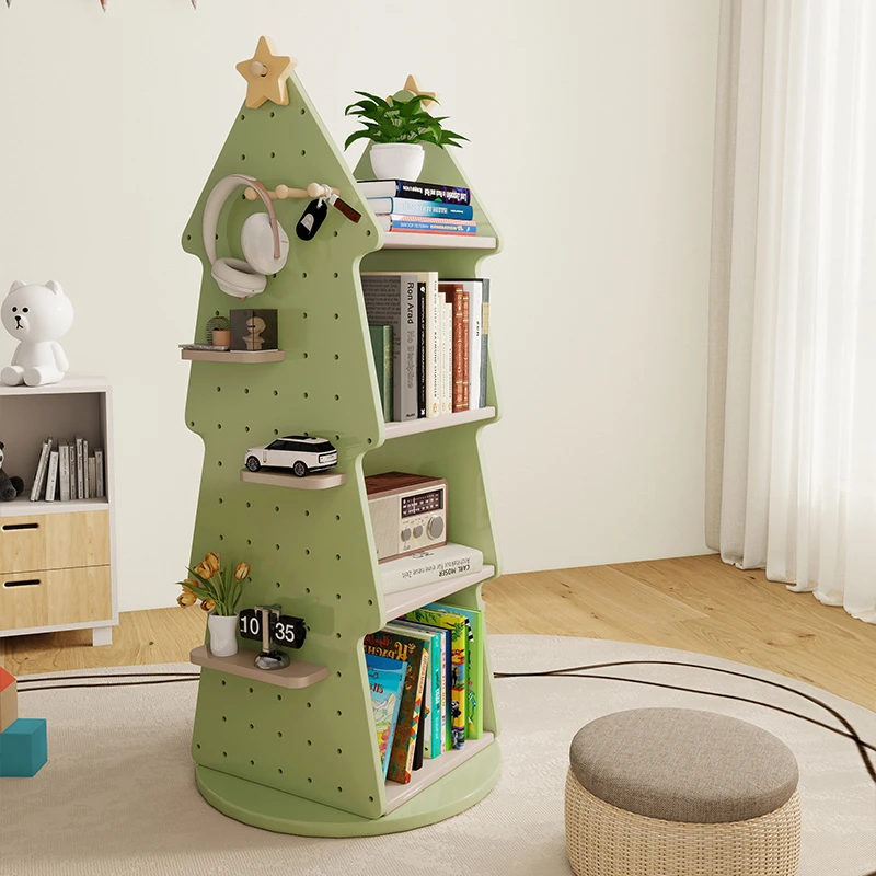 圣诞树书架家用落地置物架儿童绘本架宝宝玩具收纳架旋转书柜
