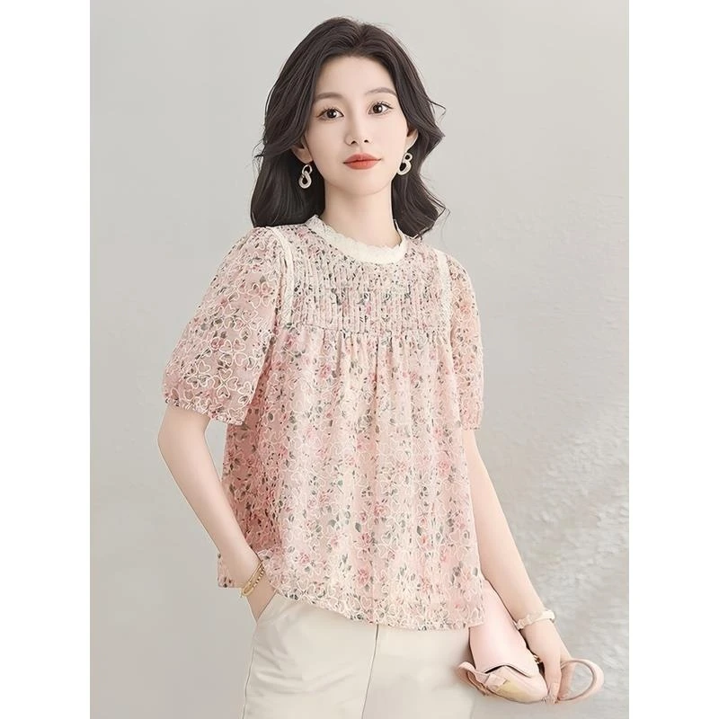 9760甜美清新碎花圆领衬衫2025夏新款法式别致文艺设计感休闲上衣