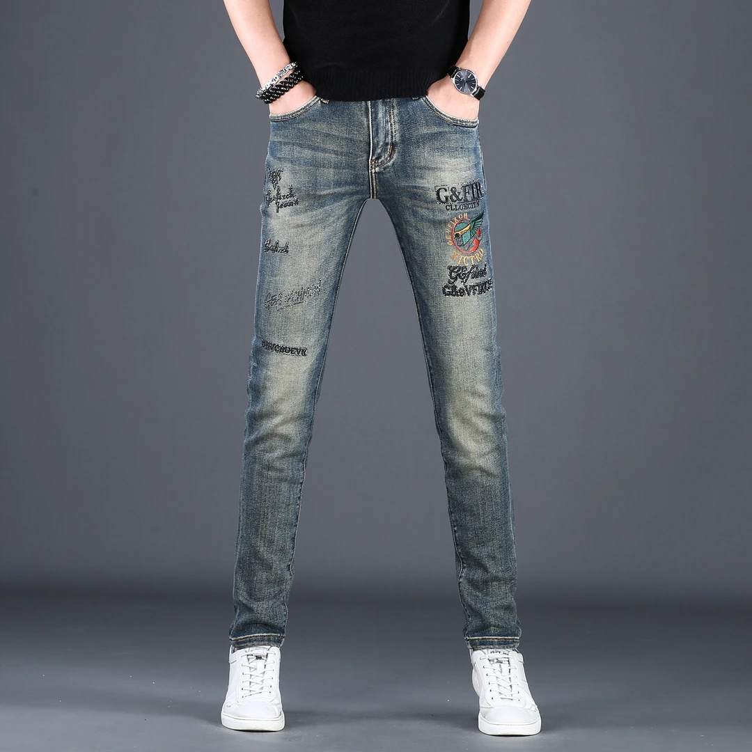 高档品牌设计师轻奢牛仔裤男款刺绣烫钻新款百搭秋冬修身小脚爆款